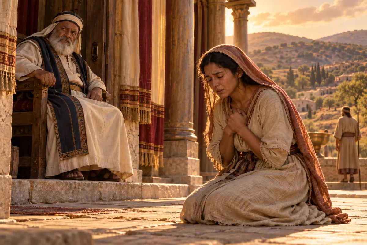Ana ora em silêncio e chorando diante do santuário de Siló, enquanto o sacerdote Eli a observa sentado junto a um pilar