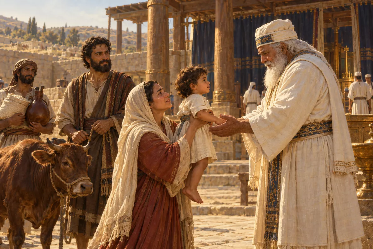 Ana entrega o menino Samuel ao sacerdote Eli em Siló, com Elcana trazendo um novilho, farinha e vinho