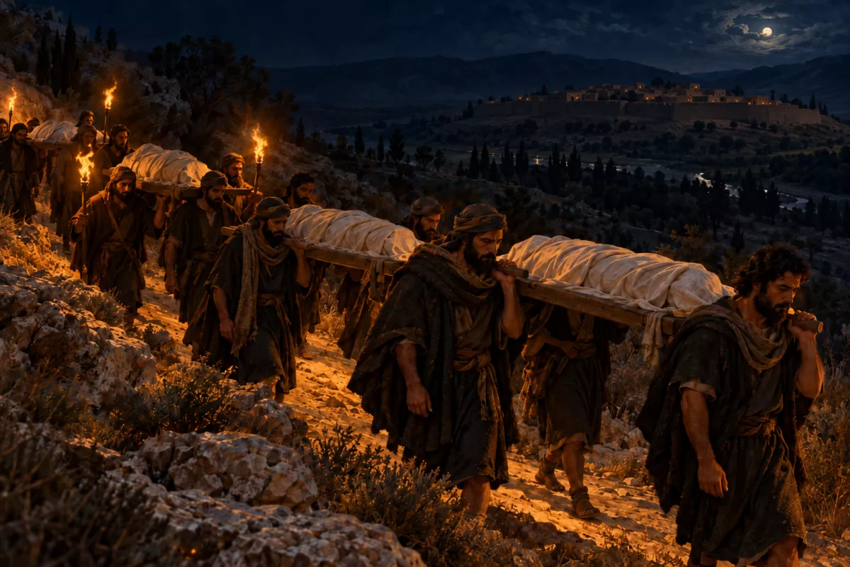 À luz de tochas, os homens de Jabes-Gileade carregam em silêncio os corpos envoltos de Saul e seus filhos