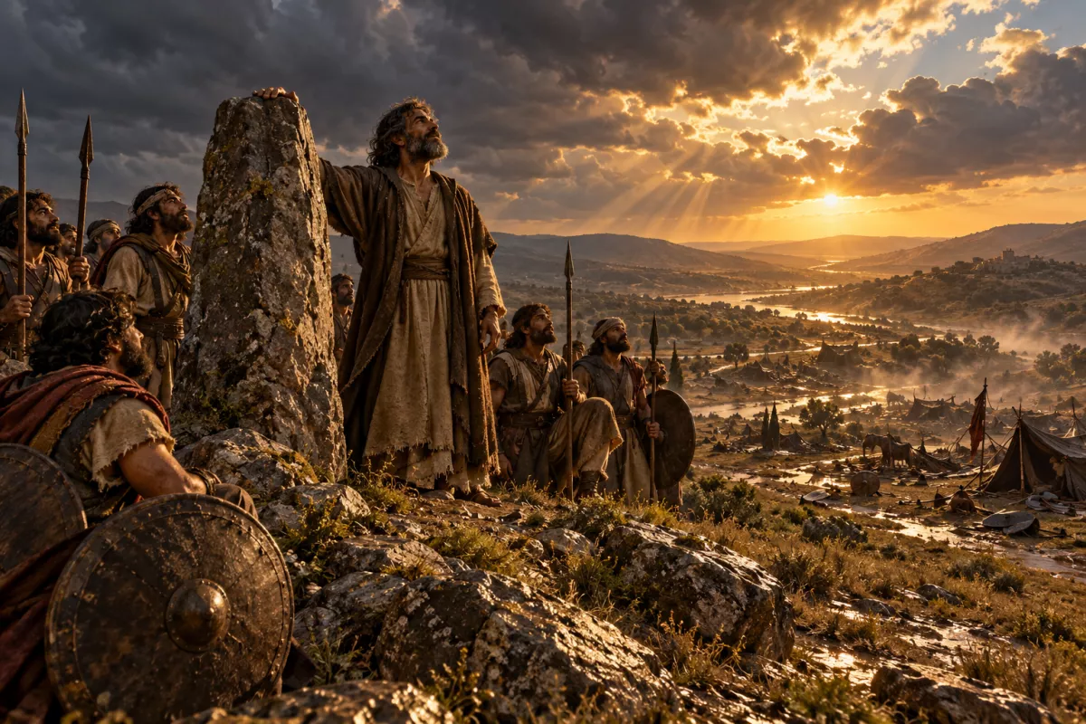 Samuel ergue uma grande pedra entre Mispa e Sem e a chama de Ebenézer, diante do povo de Israel