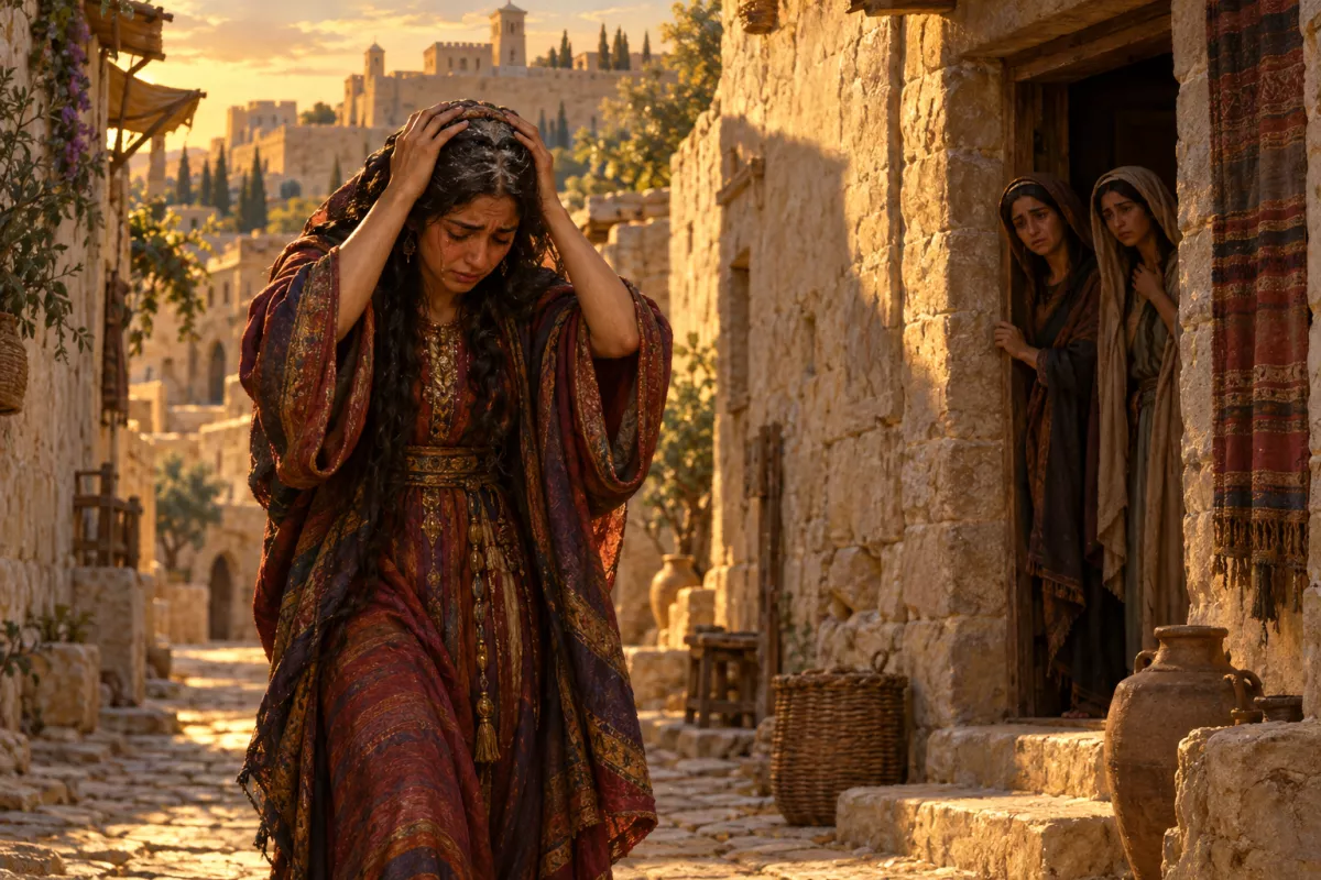 Tamar, filha do rei, com cinza na cabeça e as mãos sobre a cabeça em sinal de luto, caminha chorando por uma rua de Jerusalém