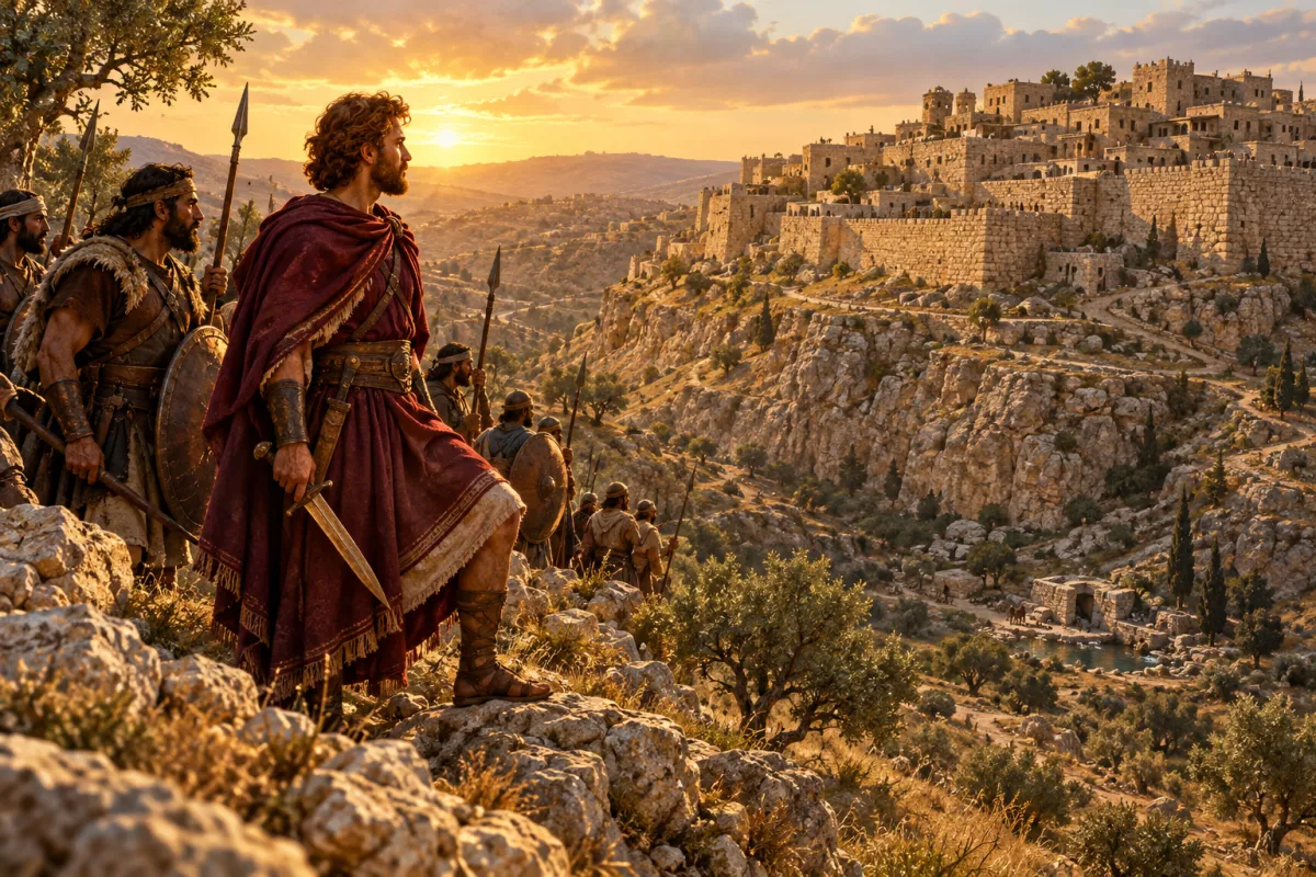 Davi e seus guerreiros olham para a fortaleza dos jebuseus sobre a colina de Sião, em Jerusalém