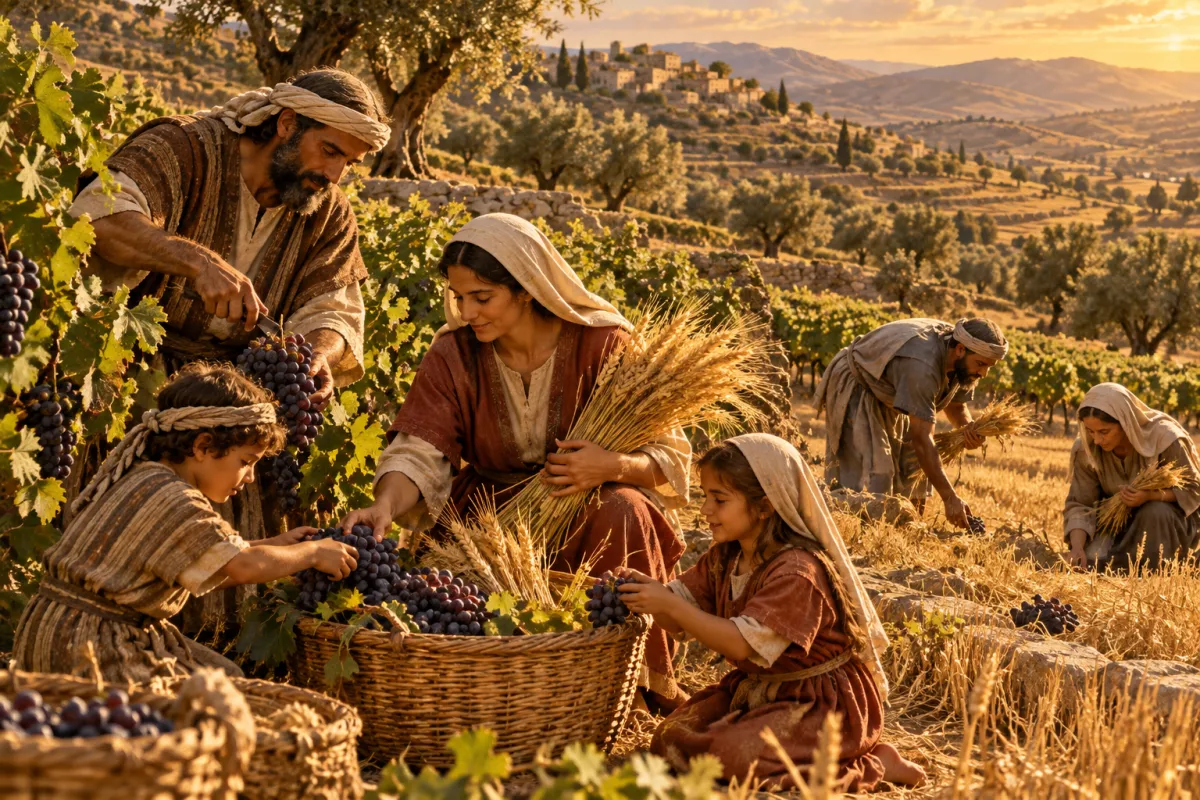Família israelita colhe os primeiros frutos e enche um cesto para levar ao santuário