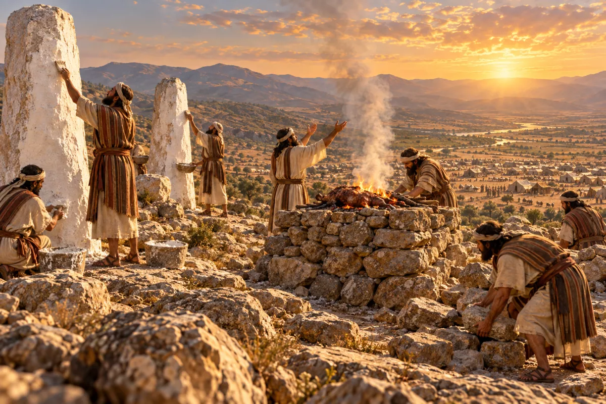Israelitas caiam grandes pedras e erguem um altar de pedras brutas no monte Ebal