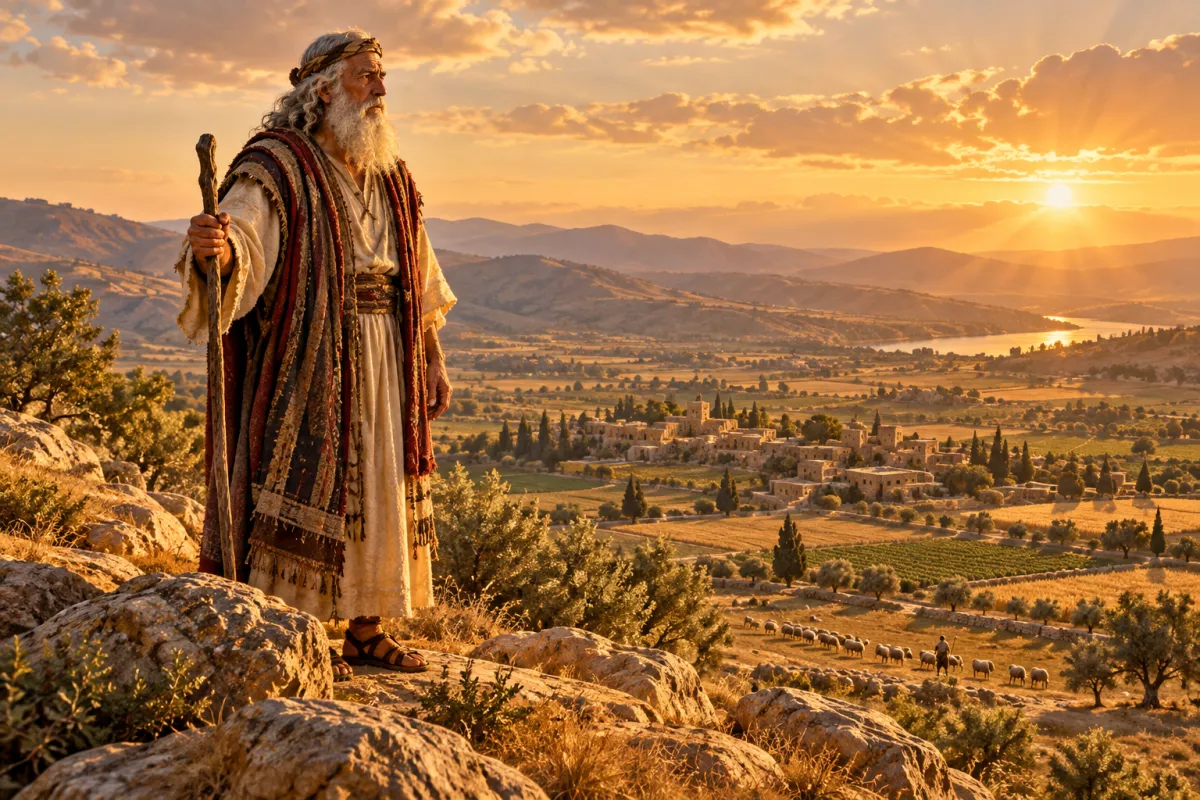Josué, já idoso, contempla do alto de um monte a terra de Canaã que seria repartida entre as tribos