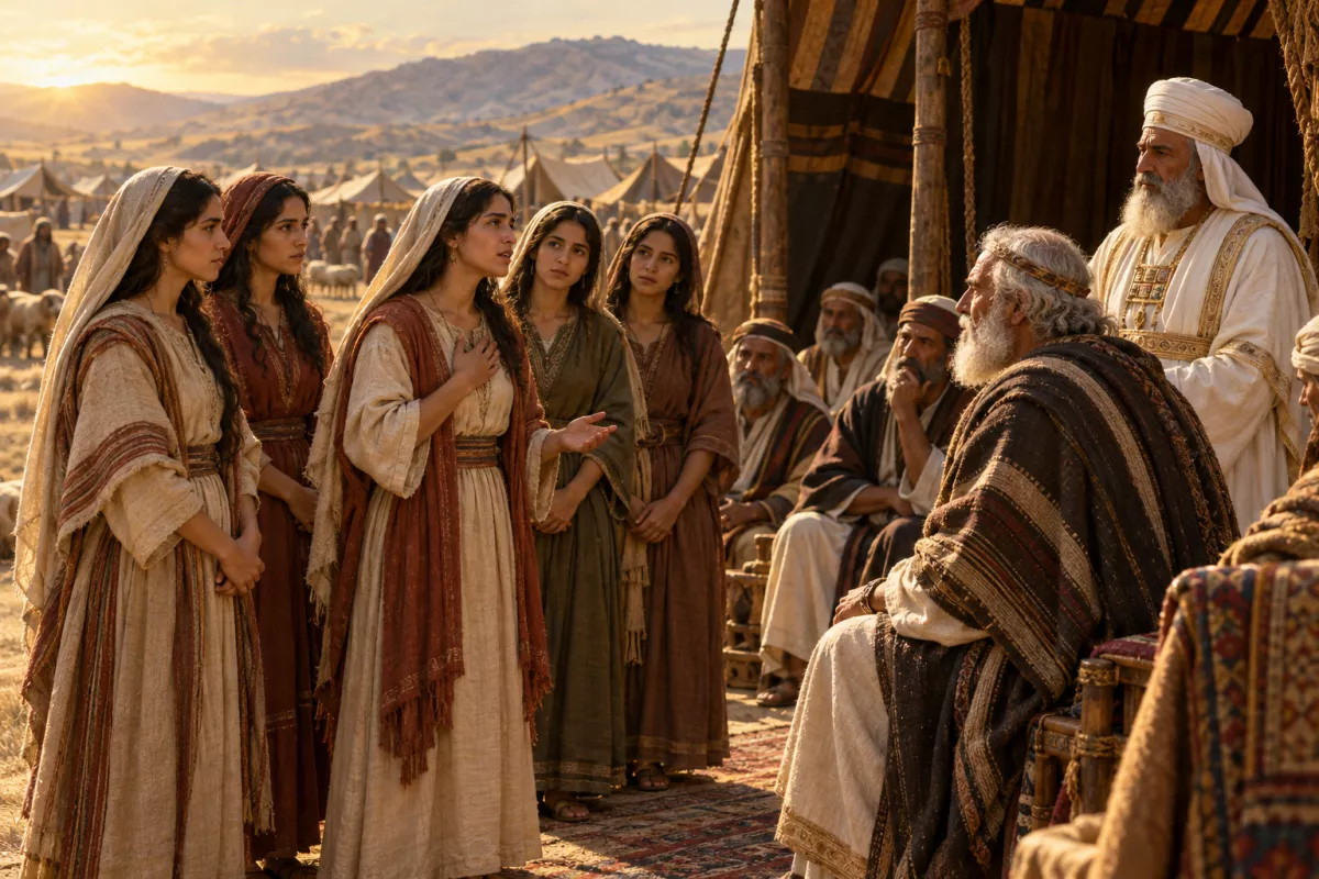 As cinco filhas de Zelofeade diante de Josué, do sacerdote Eleazar e dos príncipes, pedindo a sua herança