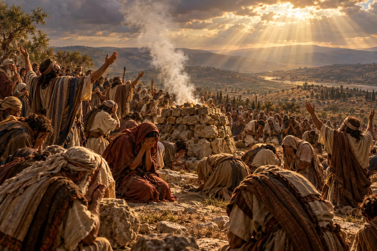 O povo de Israel chora reunido em Boquim, depois da mensagem do Anjo do Senhor