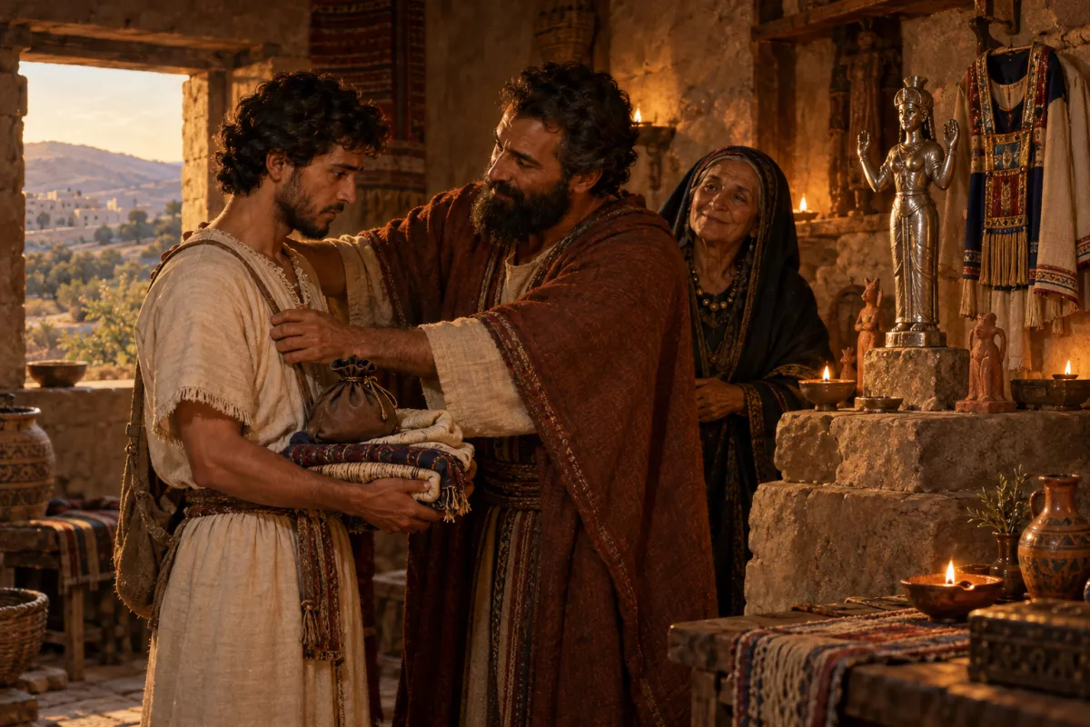 Mica consagra um jovem levita como sacerdote diante do pequeno santuário doméstico com ídolos de prata