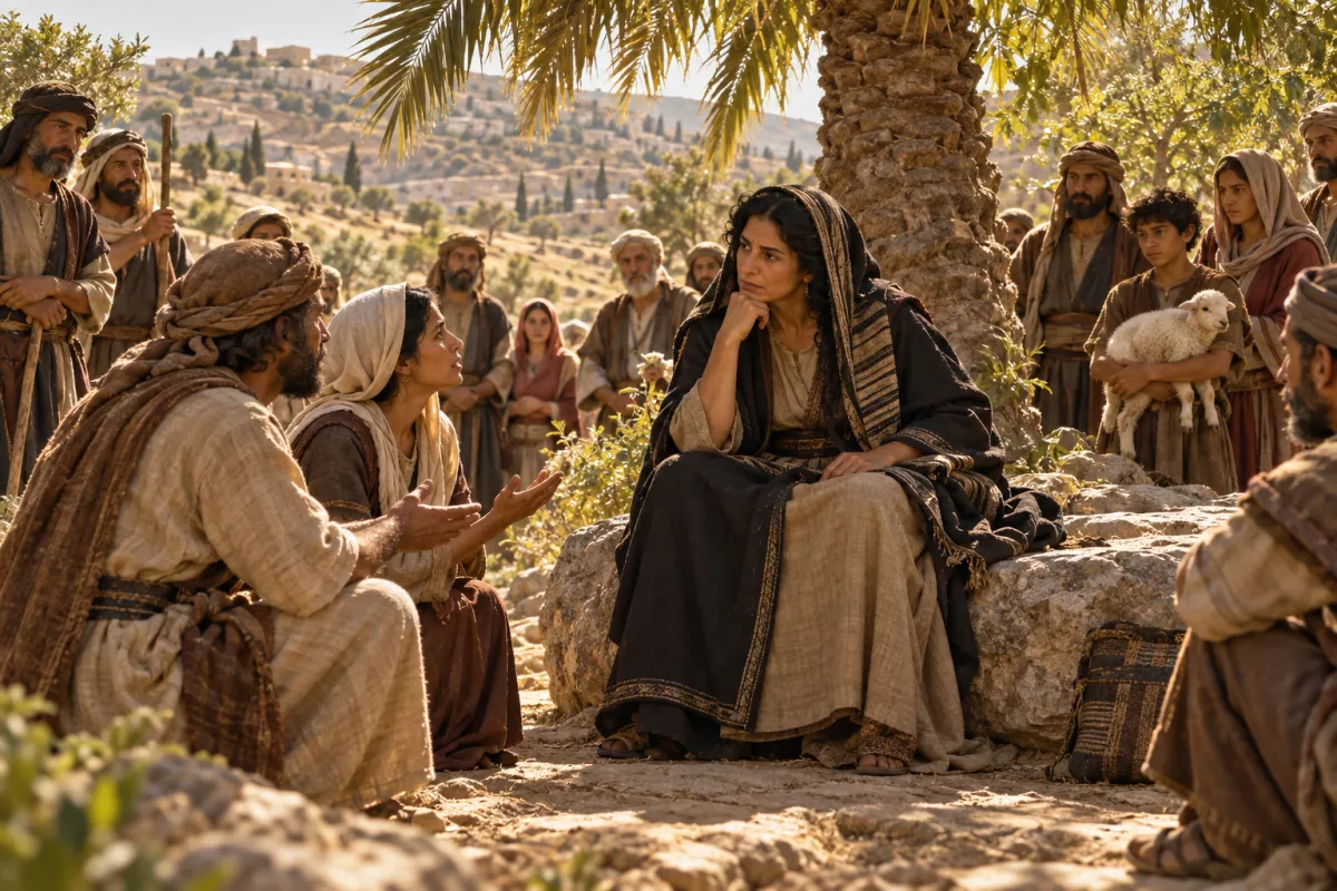 Débora sentada debaixo de uma palmeira na região montanhosa de Efraim, ouvindo os israelitas que vêm a ela em busca de juízo